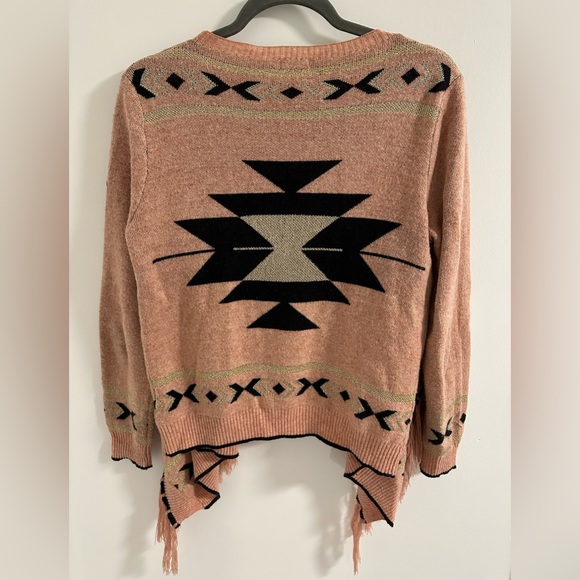 Tobi Blush Black and Gold Aztec Fringe Open Cardigan One Size Fits All - Picture 2 of 4